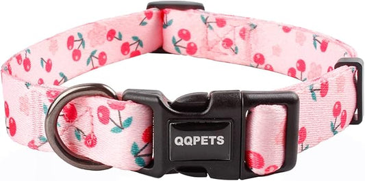 QQPETS Adjustable Soft Dog Collar: Print Flower Pink Multicolor Cute Patterns for XS Small Medium Large Pet Girl Boy Puppy Walking Running Training (L, Sakura Pink)