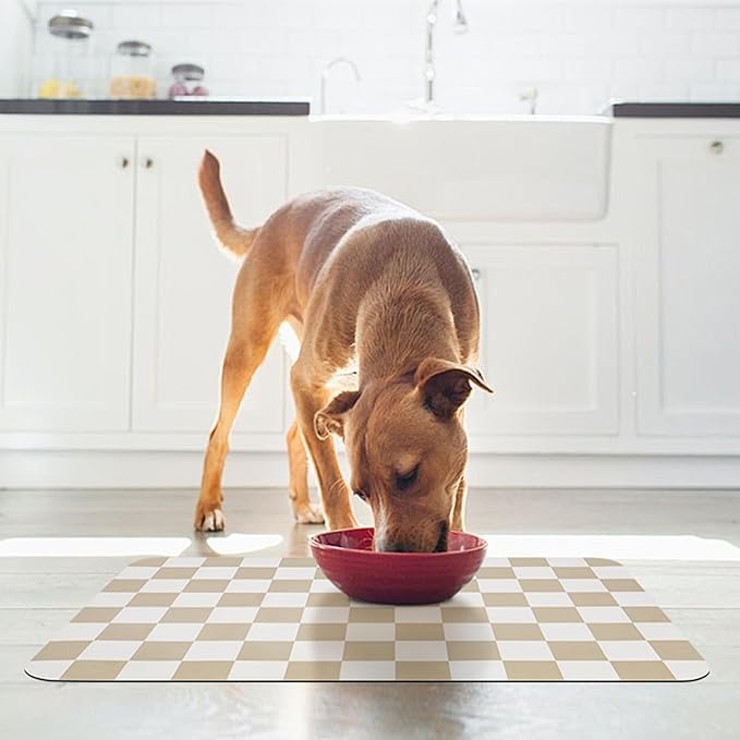 Checkered Dog Food Mat, Absorbent Leak-Proof Pet Feeding Mat, Quick Dry Cat Food Mat for Messy Drinkers 17" x 32" Khaki