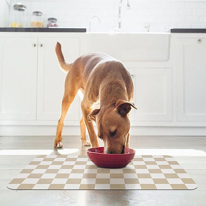 Checkered Dog Food Mat, Absorbent Leak-Proof Pet Feeding Mat, Quick Dry Cat Food Mat for Messy Drinkers 12" x 20" Khaki