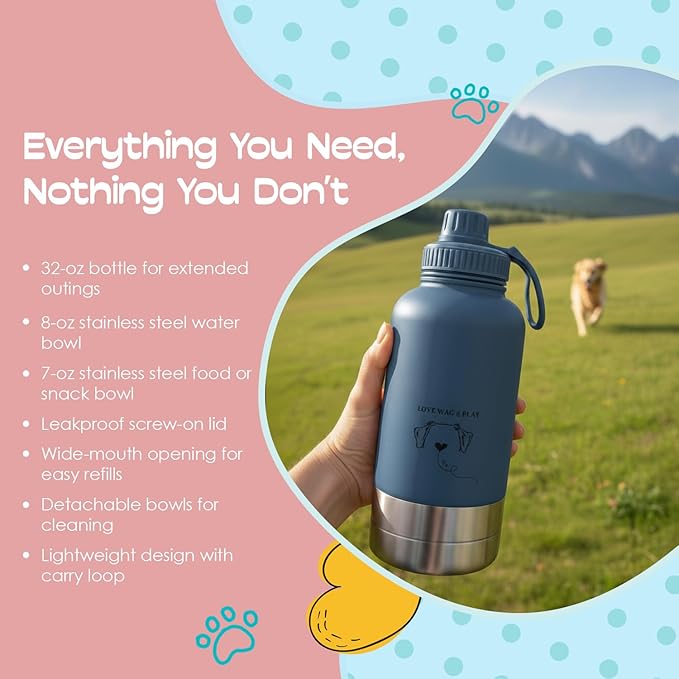 Love Wag & Play Dog Water Bottle with Food Bowls, Portable Stainless Steel Bottle for Dogs, Leakproof Travel Design with Detachable Bowls for Walks, Hikes and Outdoor Adventures (32 oz)