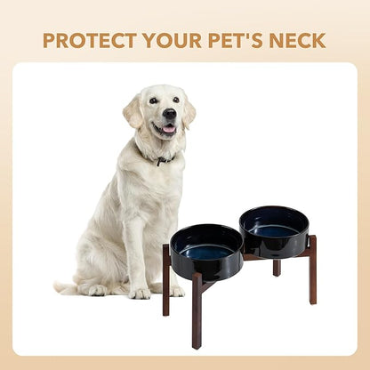 Ceramic 8.2inch Raised Double Dog Bowls Set with Acacia Wood Stand, Food & Water Bowls for Large Breed Dogs, Weighted Pet Dishes(60oz, Starry Sky)