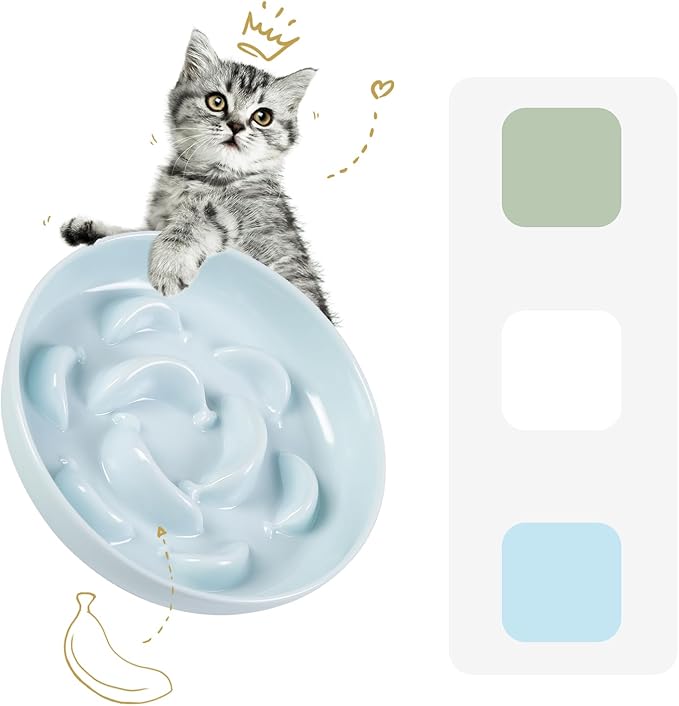 Melamine Cat Slow Feeder Bowl - Pastel Series Cat Plate for Dry and Wet Food - Cute Maze Feeder Dish for Healthy Eating - Dishwasher Safe - 6.3''W x 1.2''H - 7 OZ - Pale Blue