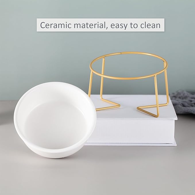 White Small Ceramic Tilted Elevated Cat Dog Bowl Raised Cat Food Water Bowl Dish Pet Comfort Feeding Bowls with Gold Iron Stand