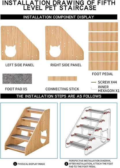 Dog Stairs for Small Medium Large Dogs 22.44" H Load Capacity 150lbs Solid Wood Non-Slip Sturdy Pet Steps for Bed & Couch 5 Step 15.75 * 27.56 * 22.44"