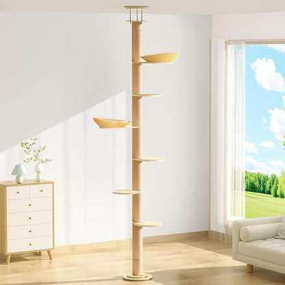 Tinnmao Solid Real Wood Floor to Ceiling Cat Tree, 7 Level Adjustable Height (105"-122"), Modern Climbing Tower with Thickened Wooden Sisal Scratching Posts & Cozy Bed for Indoor Cats Large Adult