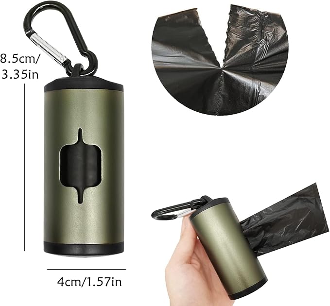 Aluminum Dog Poop Bags Holder with Carabiner Metal Pet Waste Bags Dispenser with Hook and Loop Fastener and Elastic Cord to Carry Used Bags (Olive Green)