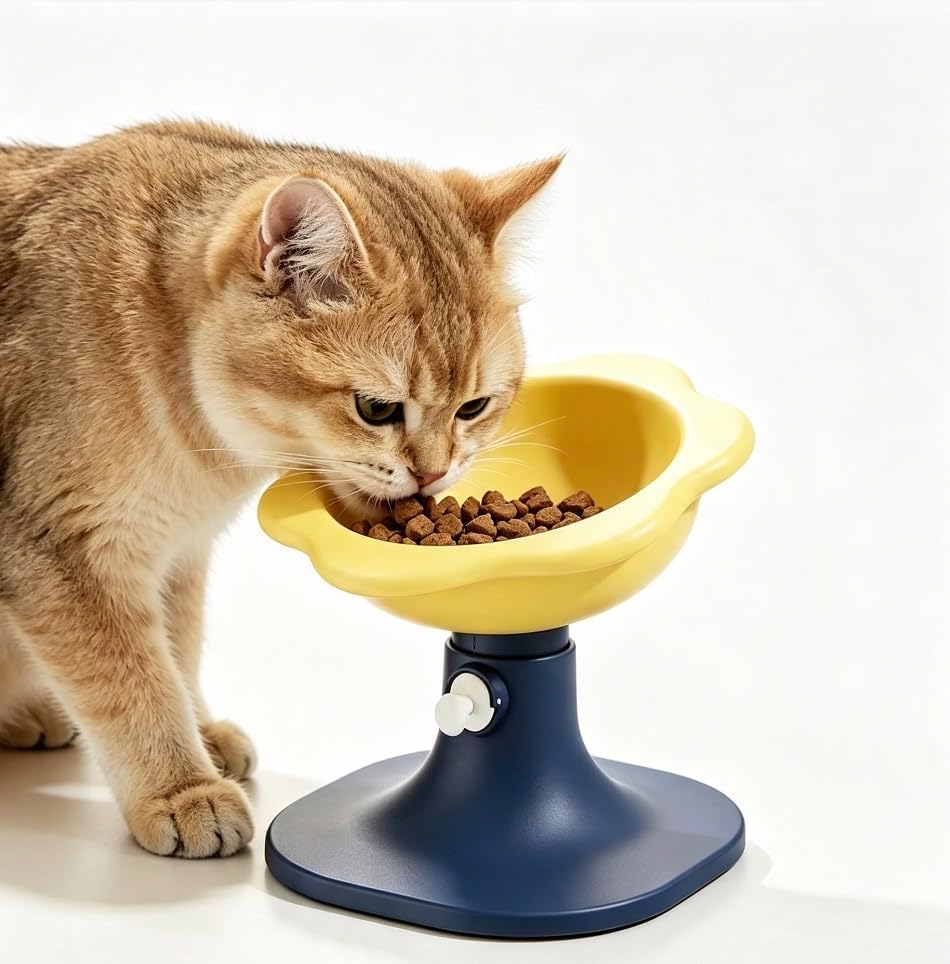 Elevated Pet Bowl with Stand, Flower Shape, Adjustable Height, Cat Dog Food Water Dis (Yellow Blue) by Unknown