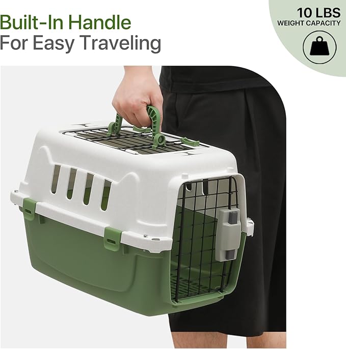 18 Inch Hard-Sided Plastic Dog Carrier 2 Door Travel Crate for Small Dogs Cats up to 10 lbs, Durable Handle, Security Lock Design, Green