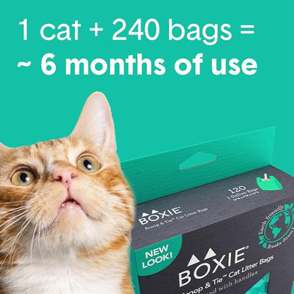 Boxie Sustainable Scoop & Tie Pet Waste Bags, 240 Count, Leak-Proof, Easy-to-Tie Handles, Eco-Friendly, Odor Control, EPI Technology, Durable for Cat Litter & Dog Waste (Pack of 2)