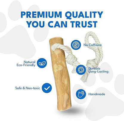 Coffee Wood Dog Chew Toy with Rope for Medium Dogs, Natural Wood Stick for Light to Moderate Chewers, Safe & Long Lasting Chew Toy for Dental Care, Tug Play & Boredom Relief (M - Under 50lbs)