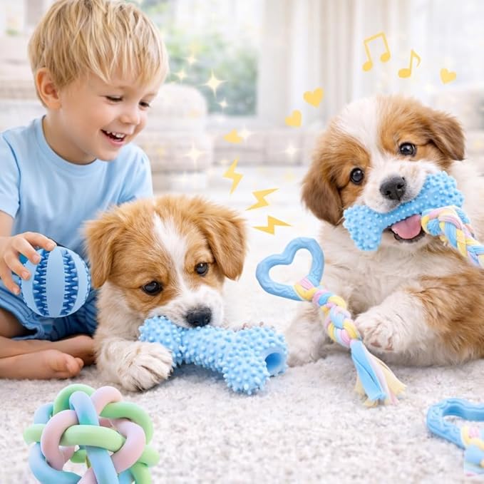Chew Toys for Small Dogs – 6 Pack Teething Set, Soft Rubber, Eco-Friendly, Teeth Cleaning, Interactive Blue Dog Toys