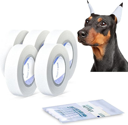 Ear Tape for Dogs 5 Pack with Dog Ear Cleaner Cotton Swabs, Self Adhesive Cotton Tape for Dog Ear Protection and Support, Ear Care Set for Dogs (Tape Width_0.5 inch(12mm))
