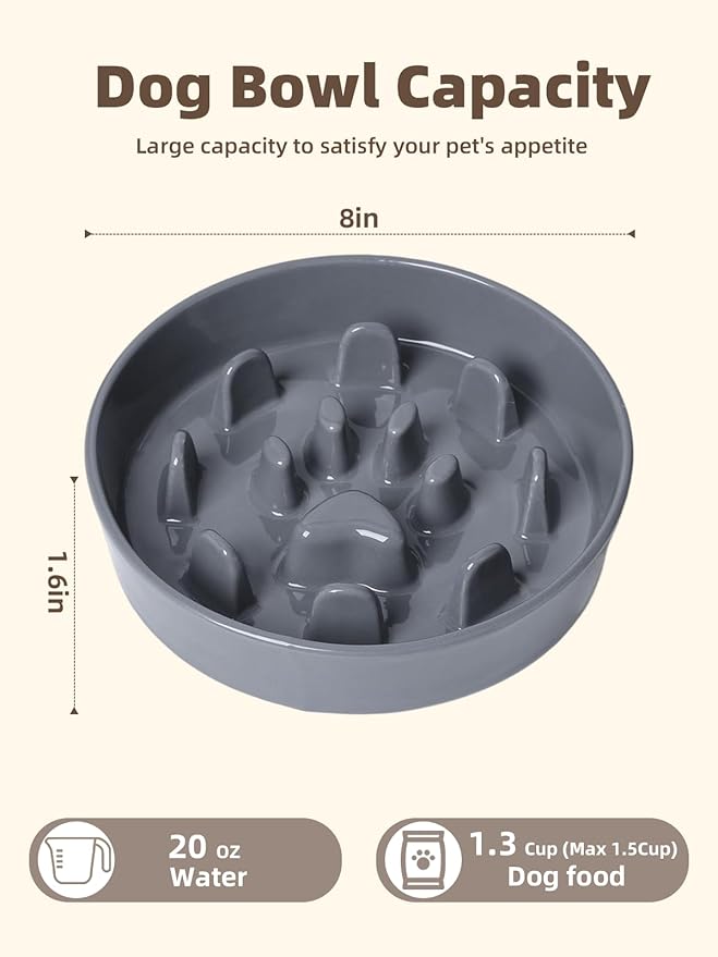 Dog Slow Feeder Bowl, Round Ceramic Pet Food Bowl for Medium Breed, Fun Raised Dog Bowls to Slow Down Eating (Grey)