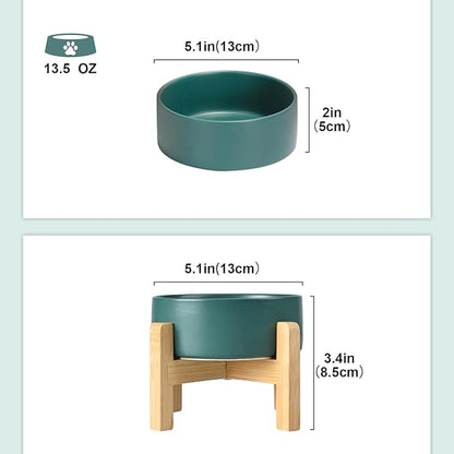 SPUNKYJUNKY Ceramic Elevated Dog Bowls 2 Pack - 5.1inch Raised Dog Bowls with Non-Slip Wooden Stand for Small Dogs Dishwasher Safe(Green,13.5OZ*2)