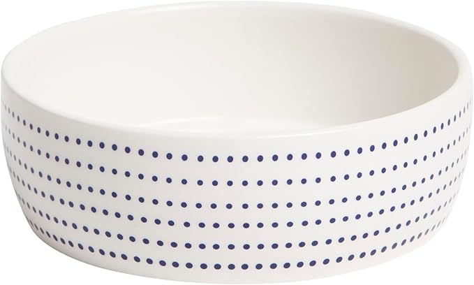 Pearhead Ceramic Dog Bowl – Modern Blue Dot Stoneware Pet Food & Water Bowl for Small Dogs, Weighted Non-Plastic Dog Feeding Dish, Small/Medium 2.25 Cups/ 18 oz