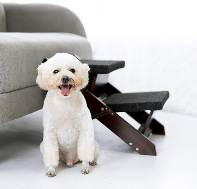 MEWANG Wooden Pet Stairs/Pet Steps - 2-in-1 Foldable Stairs & Ramp for Beds and Cars - Portable Dog/Cat Ladder Up to 110 Pounds - Great for Small and Older Animals(Brown) (17.3" L x 17.24" W x 13" H)