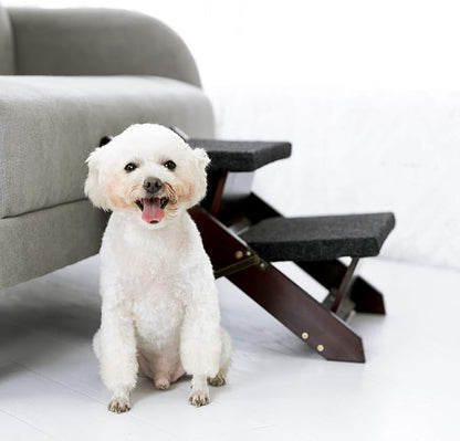 MEWANG Wooden Pet Stairs/Pet Steps - 2-in-1 Foldable Stairs & Ramp for Beds and Cars - Portable Dog/Cat Ladder Up to 110 Pounds - Great for Small and Older Animals(Brown) (17.3" L x 17.24" W x 13" H)