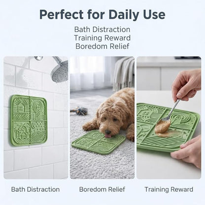 Dog Lick Mat with Suction Cups, 4-Texture Enrichment Slow Feeder for Dogs & Cats, Non-Slip Silicone Licking Pad for Anxiety Relief, Bathing & Training (Green)