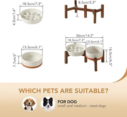 Ceramic 1.2 Cup Raised Slow Feeder Dog Bowl Set, Elevated 6.1inch Bowl and 7.3inch Slow Feeder Dish with Acacia Wood Stand for Small and Medium Dogs (2 x Vanilla White+ Stand)