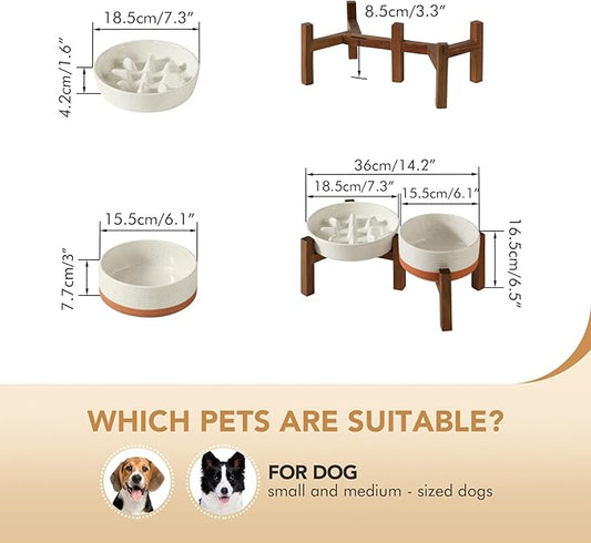 Ceramic 1.2 Cup Raised Slow Feeder Dog Bowl Set, Elevated 6.1inch Bowl and 7.3inch Slow Feeder Dish with Acacia Wood Stand for Small and Medium Dogs (2 x Vanilla White+ Stand)