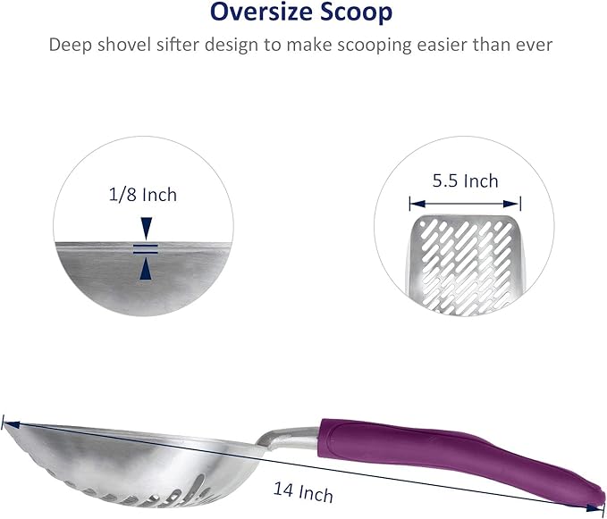 WePet Cat Litter Scoop, Aluminum Alloy Sifter, Kitty Metal Scooper, Deep Shovel with Diagonal Sifting Hole, Long Handle, Kitten Poop Lifter for Litter Box, Large Size, Violet Handle