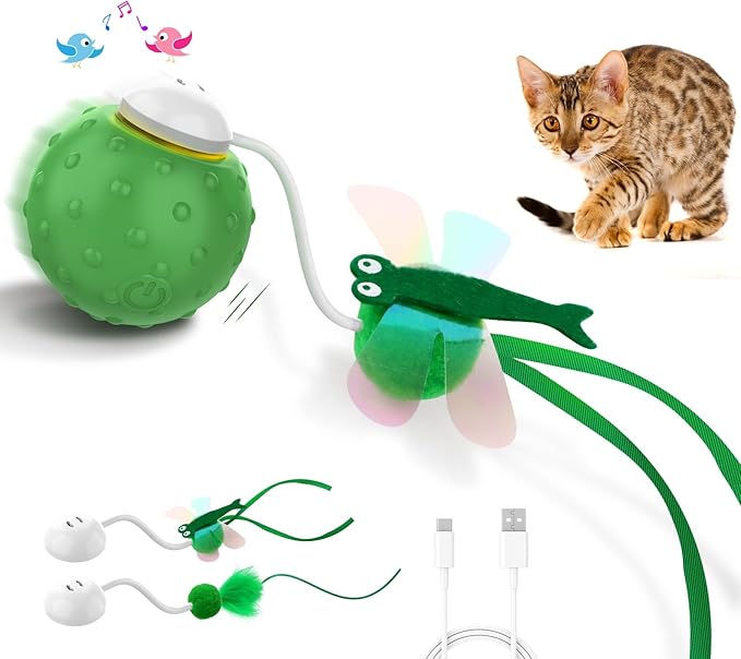 Interactive Cat Ball Toy, Fast Moving Cat Toys for Indoor Cats-with Dragonfly & Feather Tails,Automatic Motion Activated, Realistic Squeak Sound for Exercise Stimulation (Green)