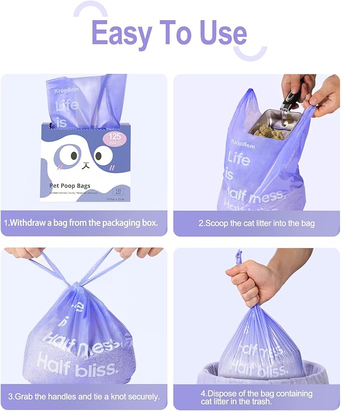 125 Count Cat Litter Bags Lavender Scented with Handles, Disposable Litter Bags for Pet Poop, Extra-Thick Kitty Waste Bags Easy Tie Leak-Proof Strengthen
