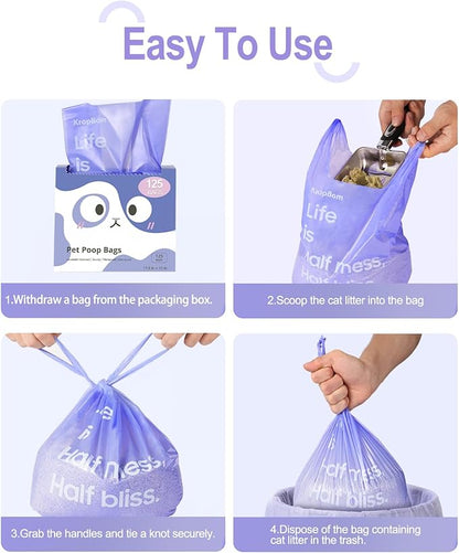 125 Count Cat Litter Bags Lavender Scented with Handles, Disposable Litter Bags for Pet Poop, Extra-Thick Kitty Waste Bags Easy Tie Leak-Proof Strengthen