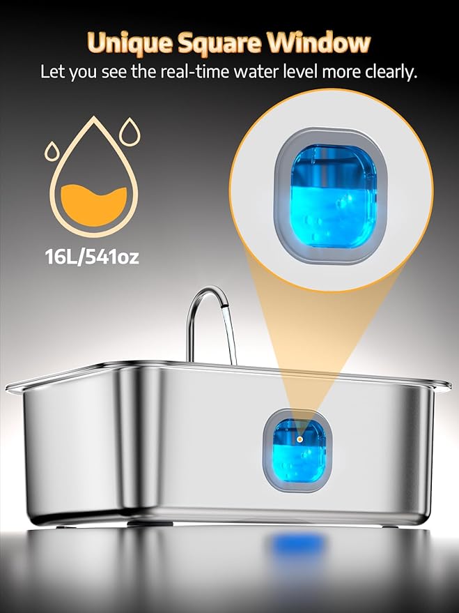 4.2Gal Dog Water Fountain for Large Dogs, 16L Stainless Steel Large Dog Fountain Water Bowl with Deeper & Wider Drinking Tray, Automatic Pet Water Dispenser with Visible Window (with 7 Filters)