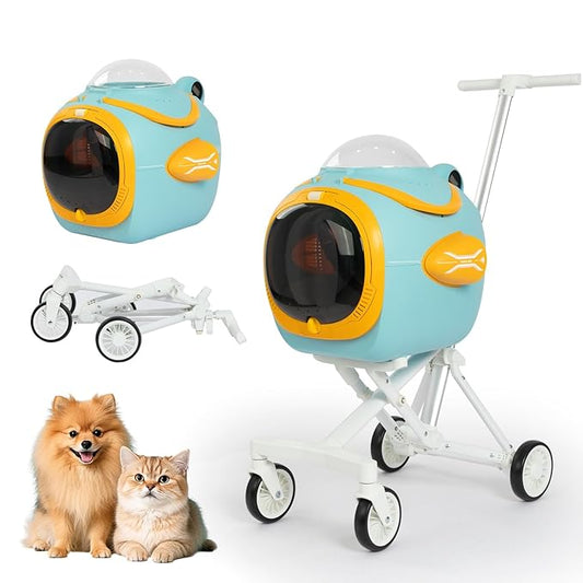 4 in 1 Foldable Pet Stroller with Detachable Carrier for Small Dogs & Cats, Space Capsule Travel Stroller with Inbuilt Fan,Temperature Display & Night Light,Puppy Kitty Doggie Bunny Stroller(Blue)