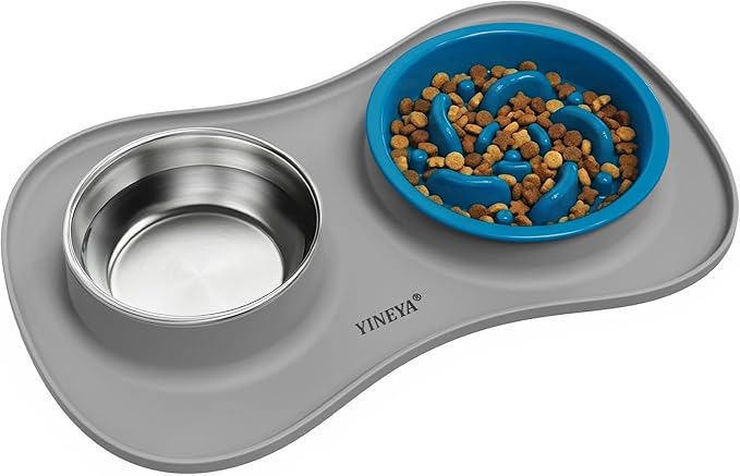 Slow Feeder Dog Bowls Stainless Steel Food and Water Bowl Set 3 in 1 No Spill Waterproof Silicone Pet Food Mat Puppy Feeding Station for Large Medium Small Breed Non Slip Metal Dish Tray by YINEYA