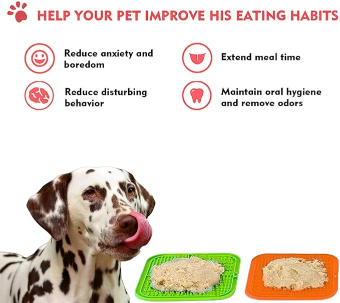 Dog Lick Mat 2-Pack (Orange & Green) with Spatulas – Silicone Licking Pads for Dogs & Cats, Peanut Butter Slow Feeder, Strong Suction, Anxiety Relief for Bath & Grooming, Dishwasher-Safe