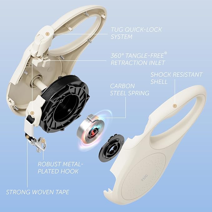TUG Quest Retractable Dog Leash | 360° Tangle-Free Retraction | 16 ft Strong Nylon Tape (Small, Cream)