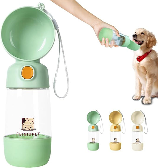 Dog Water Bottle with Food Container, 2-in-1 Cat & Small Dog Water Bottle Portable for Walking, Hiking, Travel - Green