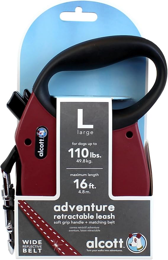 Alcott Adventure Retractable Reflective Belt Leash, 16' Long, Large for Dogs Up to 110 lbs, Red with Black Soft Grip Handle,RLSH AA LG RD