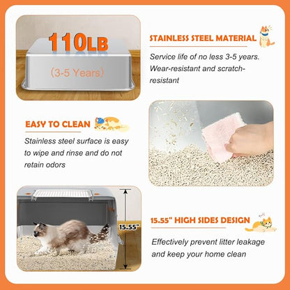 Vivifying Stainless Steel Litter Box with Lid, XL Side Entry Extra Large Litter Box for Big Cats & Kitty, Removable Enclosed Metal Cat Pan with High Sided Enclosure, Scoop, Mat, Footboard (Gray)