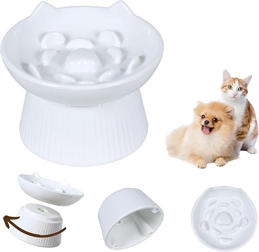 Unbreakable Raised Cat Bowls,Detachable Slow Feeder Pet Bowl, Heavy Weighted, Non-Slip Feeder, Elevated Small Dogs Slow Feeders, Dry & Wet Food, Whisker Friendly(White; 6.2'')