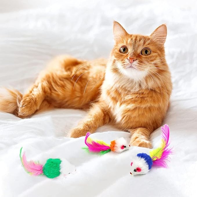 pawstrip Cat Mouse Toys 12 Pcs Rattle Mice for Indoor Cats Furry Feather Fake Mouse Kitten Interactive Play Squeaky Fur Mice Cat Toy Funny Kitty Tracking Game with Rattling Sounds