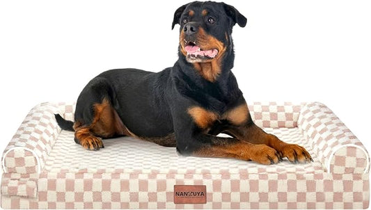 Large Dog Bed Orthopedic Washable: Beds Bolster XXL Bed Big XLarge Dogs Egg Crate Foam Sofa Couch Waterproof Removable Cover - Pink Grid