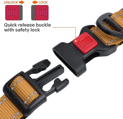 Taglory Reflective Dog Collar with Safety Locking Buckle, Soft Neoprene Padded Dog Collar for Large Dogs, Metal D-Ring, Adjustable Nylon Neck Strap for Daily Walking, Training & Running, Tan, L
