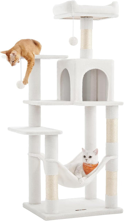 Feandrea Cat Tree, 55.1-Inch Cat Tower, Plush Multi-Level Condo with 4 Scratching Posts, 2 Perches, Hammock, Cave, Cream White UPCT161T01