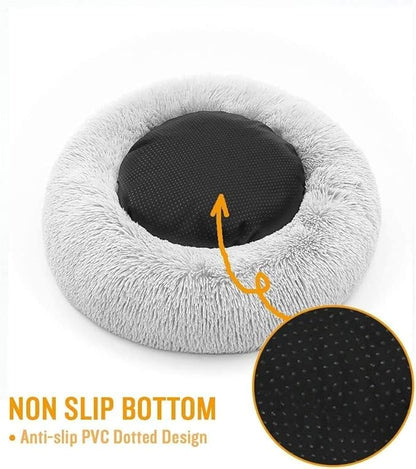 Original Calming Donut Dog and Cat Bed in Shag Fur, Dog Beds for Melium Dogs, Anti Anxiety Round Fluffy Plush Faux Fur Pet Bed, Light Grey, 27.6'' x 27.6''