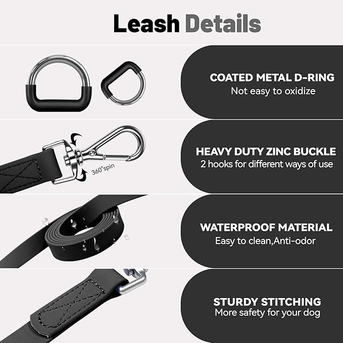 Waterproof Dog Leash with Poop Bag Holder, 5FT/6FT Adjustable Length with 2 Swivel Hooks, Odor-Free & Easy-Clean Dog Lead for Large Medium Small Dogs