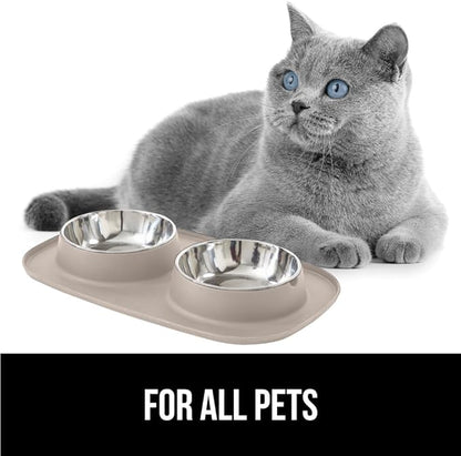 GORILLA GRIP Feeding Mat Bowl Set, 3 Cup 100% Waterproof BPA Free Silicone Base, 304 Stainless Steel Cat and Dog Bowls for Food and Water, Slip Resistant, High Edge, US Designed, Patent Pending, Beige