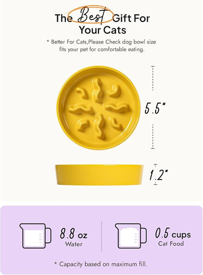 LE TAUCI PET Ceramic Slow Feeder Dog Bowls Small Breed, 0.5 Cups Dog Food Dish for Fast Eaters, Puzzle Bowl for Small Dogs and Cats, 5.5 Inch-Yellow