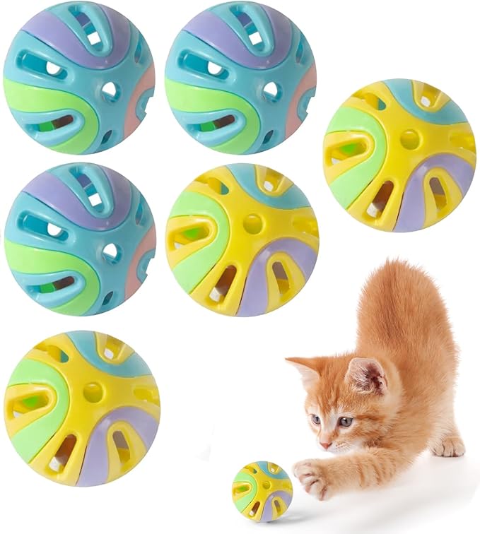 Colorful Cat Toy Balls with Bell 6PCS, Interactive Hollow Design, Plastic, Training Exercise Toy(2 in 1 B2+P2)