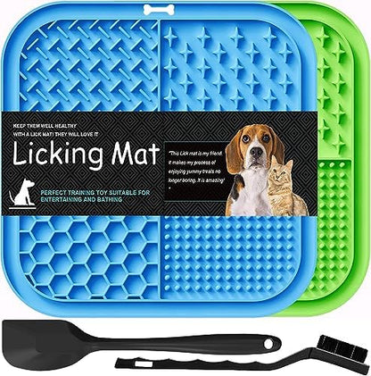 Lesipee Licking Mat for Dogs & Cats 2 Pack, Slow Feeder Lick Pat, Anxiety Relief Dog Toys Feeding Mat for Butter Yogurt Peanut, Pets Supplies Bathing Grooming Training Calming Mat (Blue&Green) by Lesipee