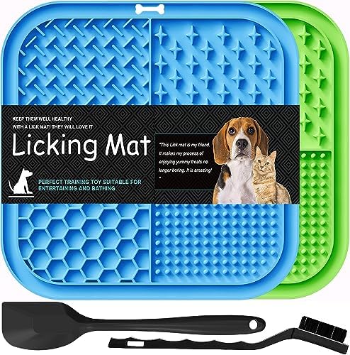 Lesipee Licking Mat for Dogs & Cats 2 Pack, Slow Feeder Lick Pat, Anxiety Relief Dog Toys Feeding Mat for Butter Yogurt Peanut, Pets Supplies Bathing Grooming Training Calming Mat (Blue&Green) by Lesipee