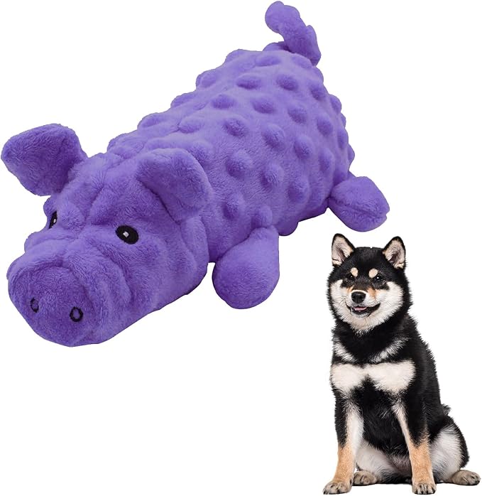 Andiker Dog Squeaky Toys, 10 in/24.5 cm Plush Dogs Toy Soft Dog Chew Toys in Pig Shape for Chewing Biting, Stuffed Puppy Toys with a 9.5 cm Squeaker and Crinkle Paper for All Breed Sizes Dogs (Purple)
