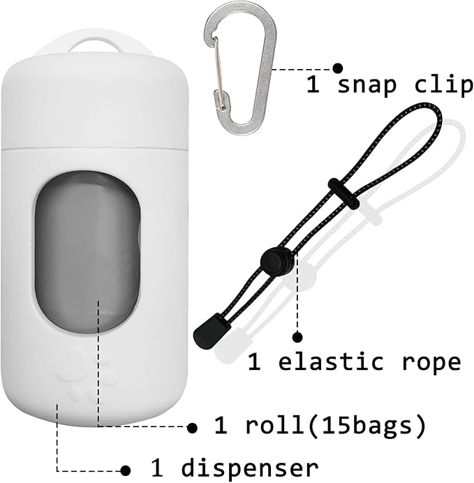 Dog Poop Bag Dispenser for Leash with Snap Clip, Skin-friendly Texture Waste Bag Holder for Dog Walks and Cats, Pets Litter Bag Container, Indoor & Outdoor Use (White, 1)